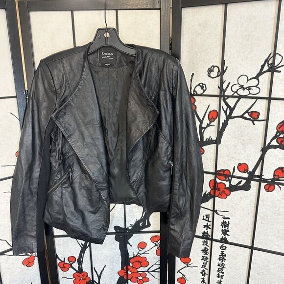 Bebe Genuine Leather Motocycle Jacket Small Black Asymmetrical Moto - Picture 2 of 5